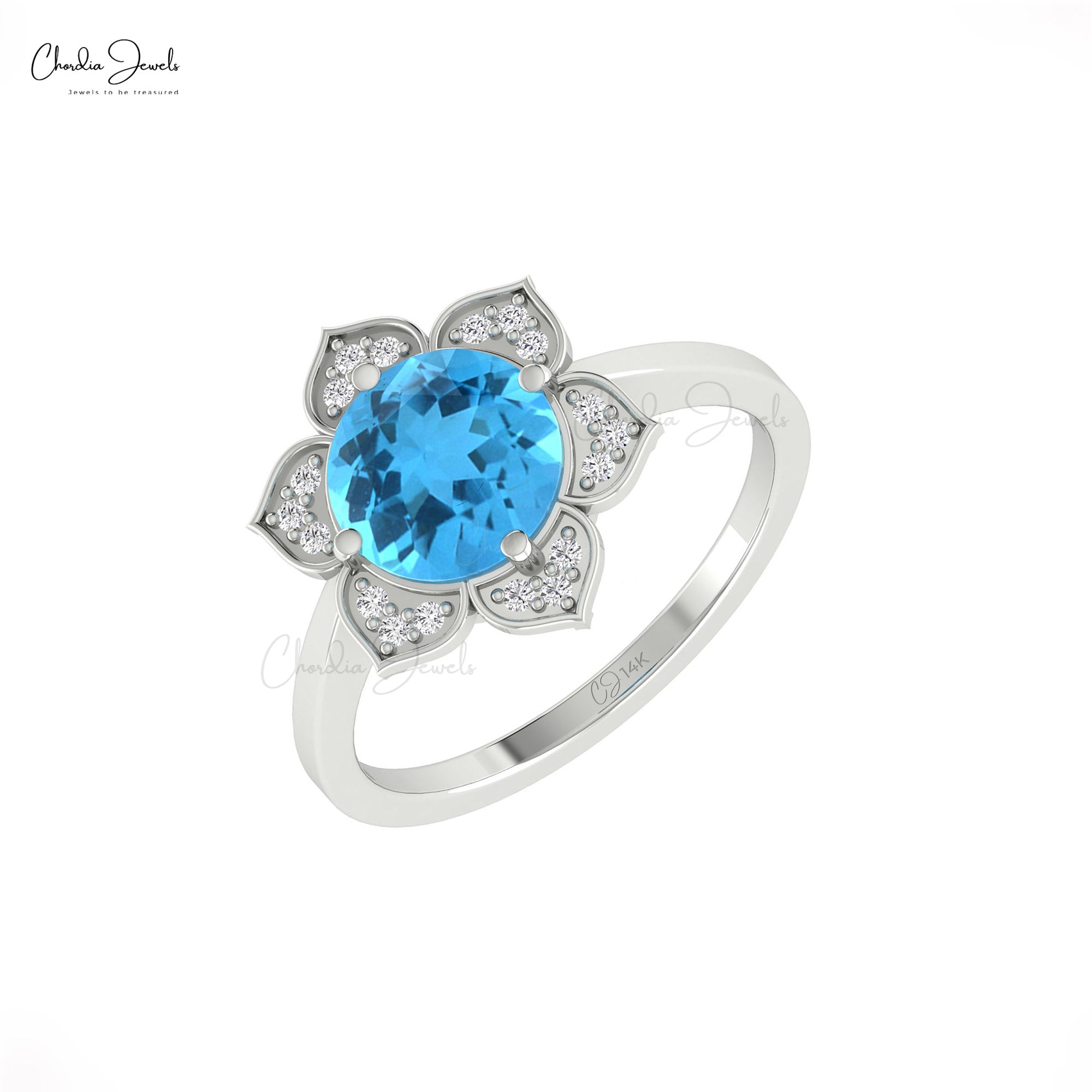 Halo Swiss Blue Topaz Ring With 1.5 Ct Gemstone And Diamond Floral Rings In 14k Real Gold