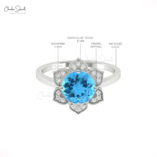 Halo Swiss Blue Topaz Ring With 1.5 Ct Gemstone And Diamond Floral Rings In 14k Real Gold
