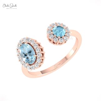 Solid 14k Gold Dual Halo Ring With 0.95 Ct Aquamarine Diamond Open Cuff Rings For Her