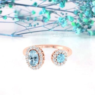 Solid 14k Gold Dual Halo Ring With 0.95 Ct Aquamarine Diamond Open Cuff Rings For Her