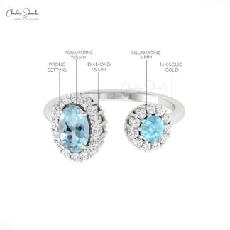 Solid 14k Gold Dual Halo Ring With 0.95 Ct Aquamarine Diamond Open Cuff Rings For Her