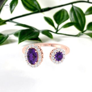Split Shank Gemstone Ring In 14k Solid Gold Amethyst And Diamond Dual Halo Women Rings