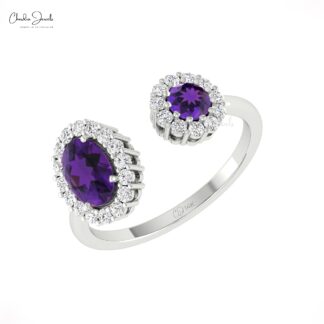 Split Shank Gemstone Ring In 14k Solid Gold Amethyst And Diamond Dual Halo Women Rings