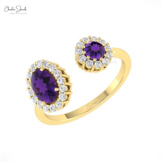Split Shank Gemstone Ring In 14k Solid Gold Amethyst And Diamond Dual Halo Women Rings