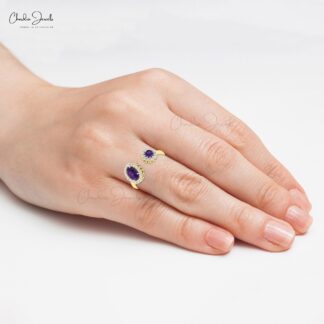Split Shank Gemstone Ring In 14k Solid Gold Amethyst And Diamond Dual Halo Women Rings