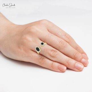 Halo Diamond Adjustable Ring In 14k Real Gold Black Diamond April Birthstone Wedding Ring