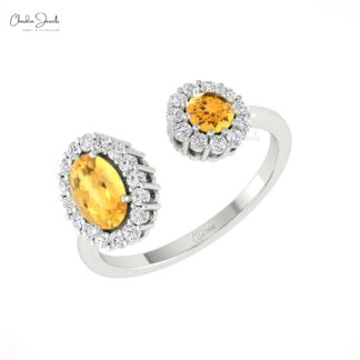 Double Halo Open Cuff Ring In Pure 14k Gold Citrine Gemstone Halo Diamond Bridal Rings