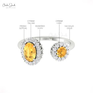 Double Halo Open Cuff Ring In Pure 14k Gold Citrine Gemstone Halo Diamond Bridal Rings