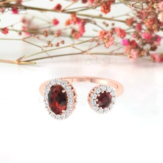 Diamond Open Cuff Ring In Solid 14k Gold Red Garnet 0.95 Ct Gemstone Halo Women Ring