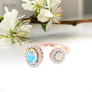 AAA Fire Opal Halo Ring In 14k Solid Gold Gemstone And Diamond Open Cuff Rings For Her