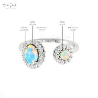 AAA Fire Opal Halo Ring In 14k Solid Gold Gemstone And Diamond Open Cuff Rings For Her