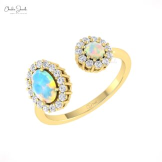 AAA Fire Opal Halo Ring In 14k Solid Gold Gemstone And Diamond Open Cuff Rings For Her