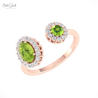 Real 14k Gold Split Shank Ring With Oval And Round Cut Peridot Diamond Halo Promise Rings