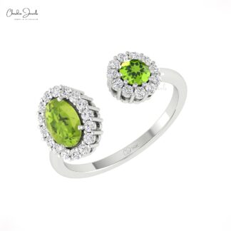 Real 14k Gold Split Shank Ring With Oval And Round Cut Peridot Diamond Halo Promise Rings
