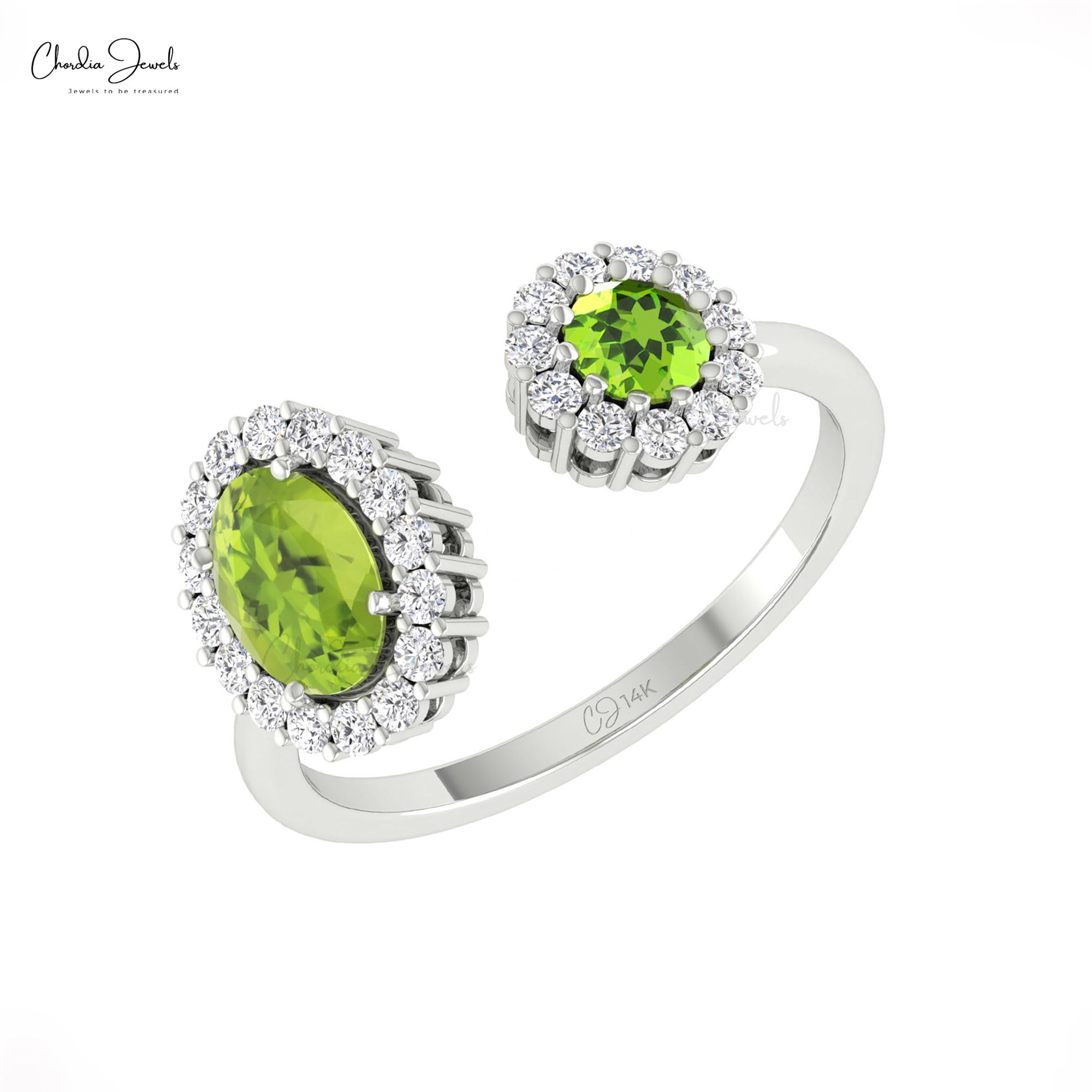 Real 14k Gold Split Shank Ring With Oval And Round Cut Peridot Diamond Halo Promise Rings