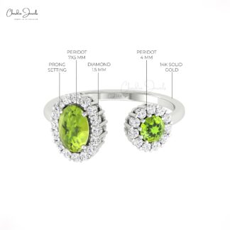 Real 14k Gold Split Shank Ring With Oval And Round Cut Peridot Diamond Halo Promise Rings