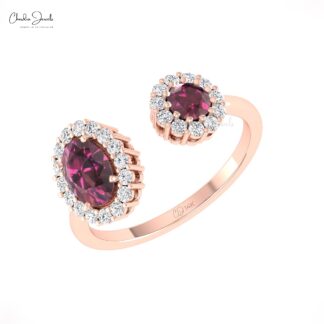 Two Halo Diamond Ring With 0.95 Ct Rhodolite Garnet Prong Set In 14k Gold Engagement Ring