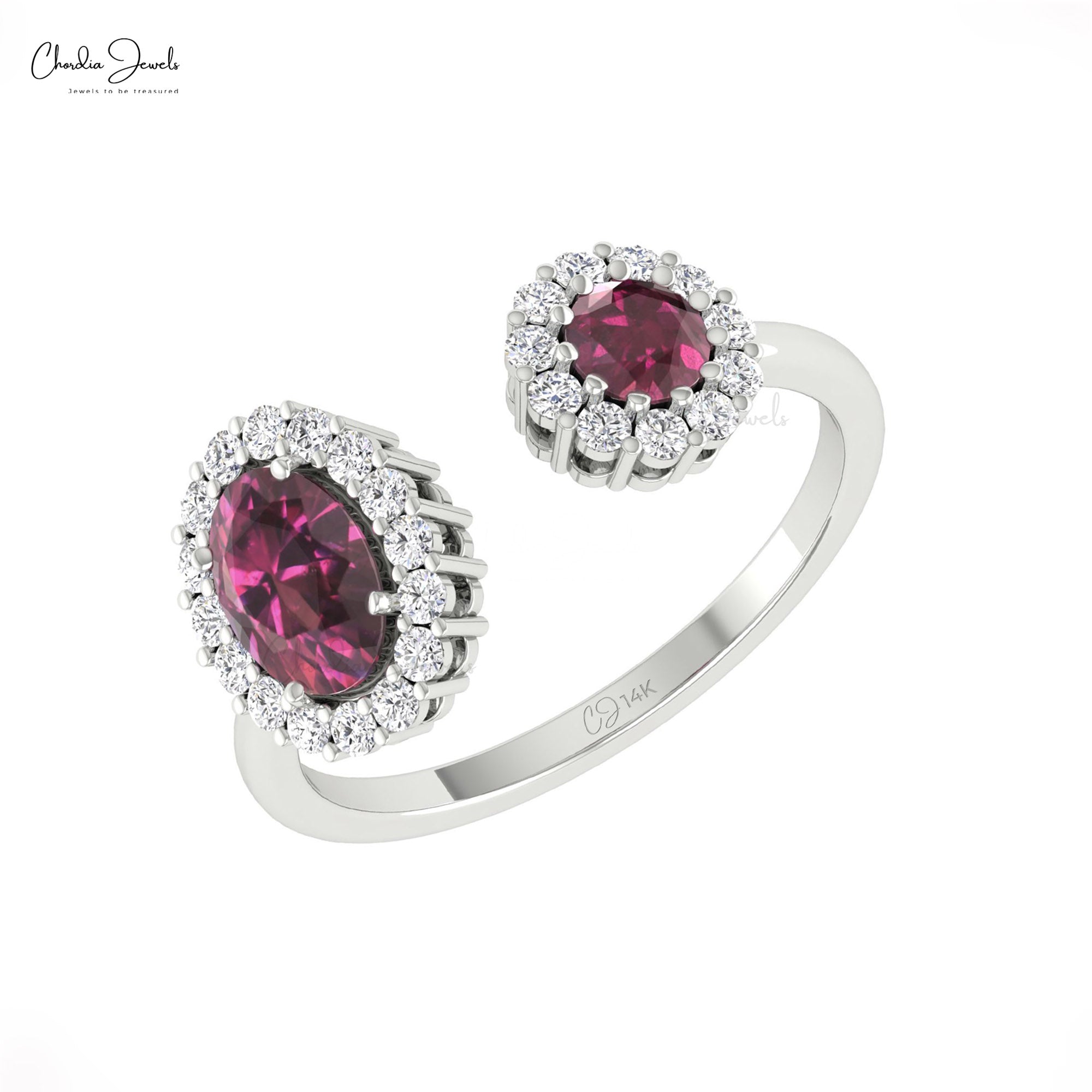 Two Halo Diamond Ring With 0.95 Ct Rhodolite Garnet Prong Set In 14k Gold Engagement Ring