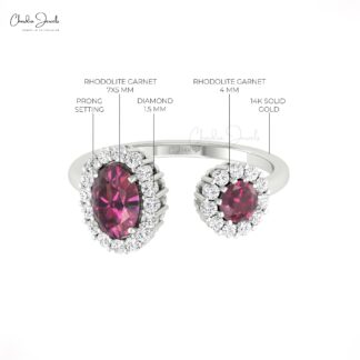 Two Halo Diamond Ring With 0.95 Ct Rhodolite Garnet Prong Set In 14k Gold Engagement Ring