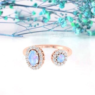 Dual Halo Open Cuff Ring In Solid 14k Gold Rainbow Moonstone Diamond Wedding Rings