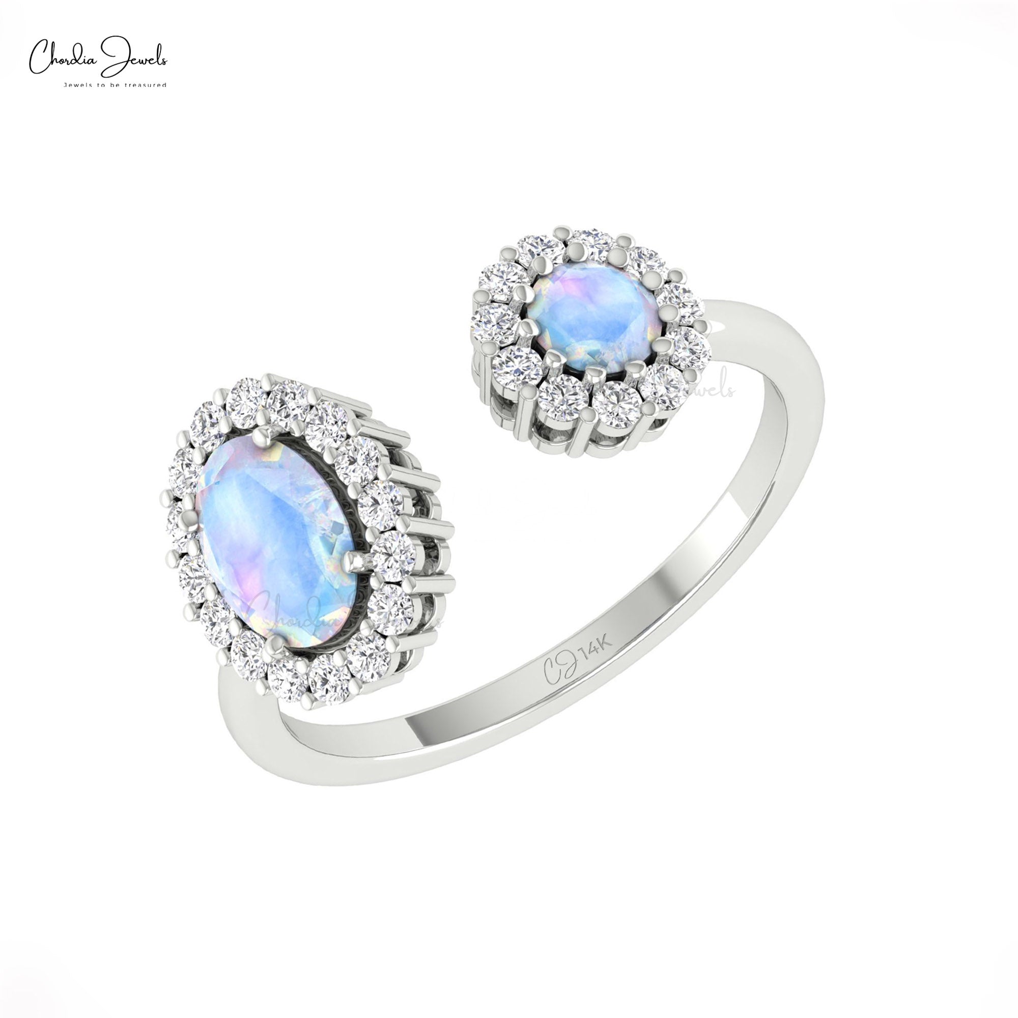 Dual Halo Open Cuff Ring In Solid 14k Gold Rainbow Moonstone Diamond Wedding Rings