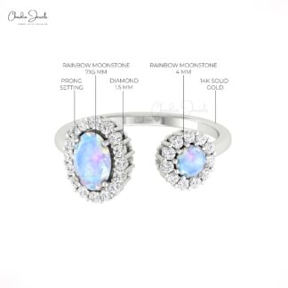 Dual Halo Open Cuff Ring In Solid 14k Gold Rainbow Moonstone Diamond Wedding Rings