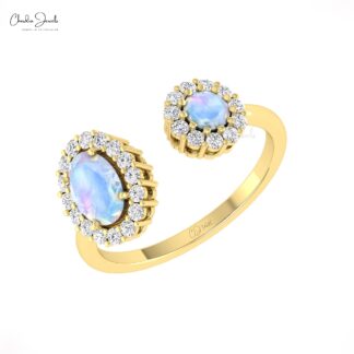 Dual Halo Open Cuff Ring In Solid 14k Gold Rainbow Moonstone Diamond Wedding Rings