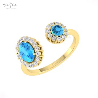 Dual Halo Open Cuff Ring With 1 Ctw Swiss Blue Topaz Diamond 14k Solid Gold Rings