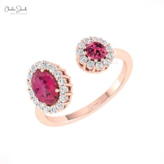 Natural Pink Tourmaline Open Cuff Ring With Halo Diamond 14k Real Gold Hallmarked Jewelry
