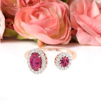 Natural Pink Tourmaline Open Cuff Ring With Halo Diamond 14k Real Gold Hallmarked Jewelry