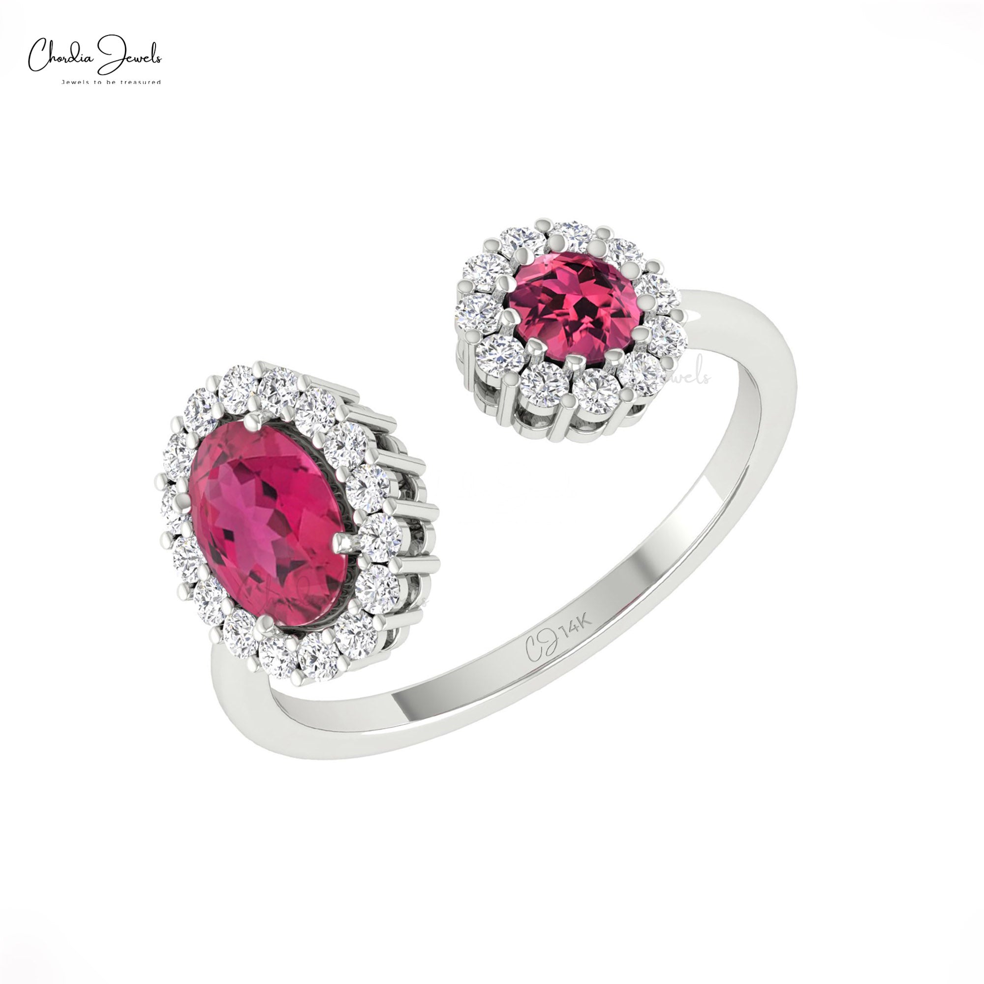 Natural Pink Tourmaline Open Cuff Ring With Halo Diamond 14k Real Gold Hallmarked Jewelry