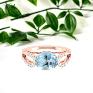 Oval Cut Bypass Ring In Solid 14k Gold Aquamarine Pave Diamond Split Shank Women Ring