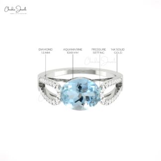 Oval Cut Bypass Ring In Solid 14k Gold Aquamarine Pave Diamond Split Shank Women Ring