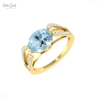 Oval Cut Bypass Ring In Solid 14k Gold Aquamarine Pave Diamond Split Shank Women Ring