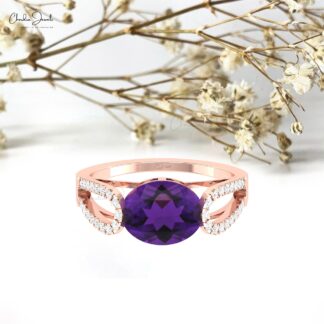 Natural Amethyst Split Shank Ring With 10x8mm Oval And Diamond Bridal Rings In 14k Gold