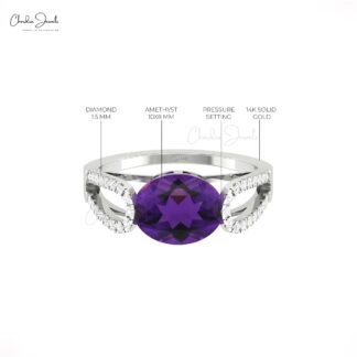 Natural Amethyst Split Shank Ring With 10x8mm Oval And Diamond Bridal Rings In 14k Gold