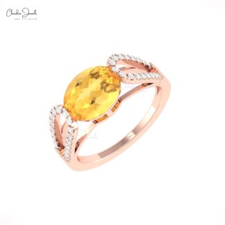 Solid 14k Gold Split Shank Ring With 2.45 Ct Citrine Gemstone G-H Diamond Wedding Rings