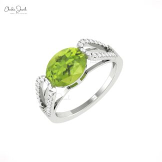 Delicate Split Shank Ring With 10x8mm Peridot Gemstone Diamond Pave Ring In 14k Gold
