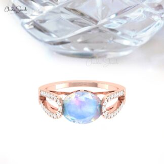 Two Birthstone Split Shank Ring With 10x8mm Rainbow Moonstone And Diamond 14k Gold Ring
