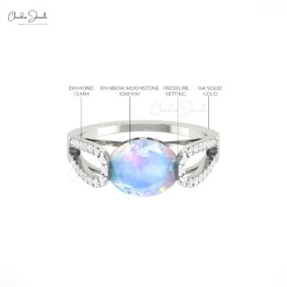 Two Birthstone Split Shank Ring With 10x8mm Rainbow Moonstone And Diamond 14k Gold Ring