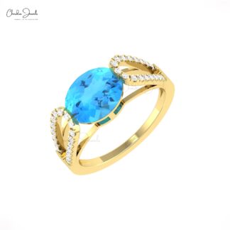 Diamond Split Shank Ring With 10x8mm Swiss Blue Topaz Prong Set in 14k Pure Gold Ring