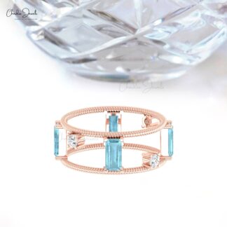 Two Shank Twisted Ring In 14k Real Gold Aquamarine 1 Ct Gemstone Prong Set Diamond Rings