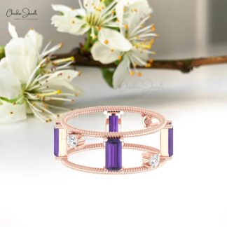 Dual Birthstone Diamond Band With 6x3mm Amethyst February Birthstone 14k Gold Twisted Ring