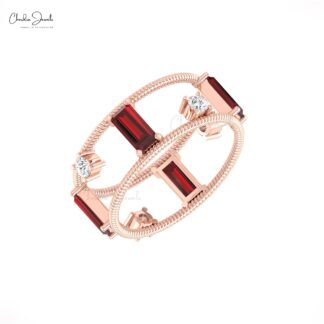 Double Row Stack Band In Pure 14k Gold Red Garnet 1 Ct Baguette And Diamond Twisted Ring