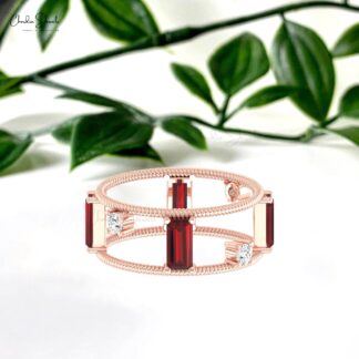 Double Row Stack Band In Pure 14k Gold Red Garnet 1 Ct Baguette And Diamond Twisted Ring