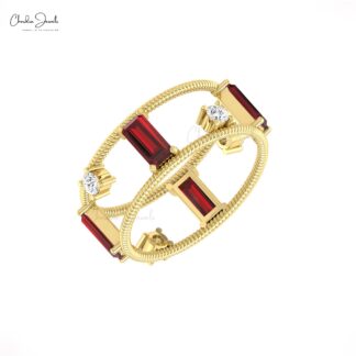 Double Row Stack Band In Pure 14k Gold Red Garnet 1 Ct Baguette And Diamond Twisted Ring