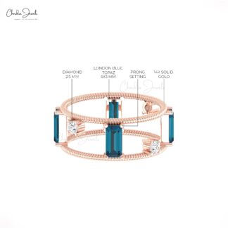 Baguette London Blue Topaz Dual Cage Twisted Ring In 14k Gold Diamond Hallmarked Jewelry