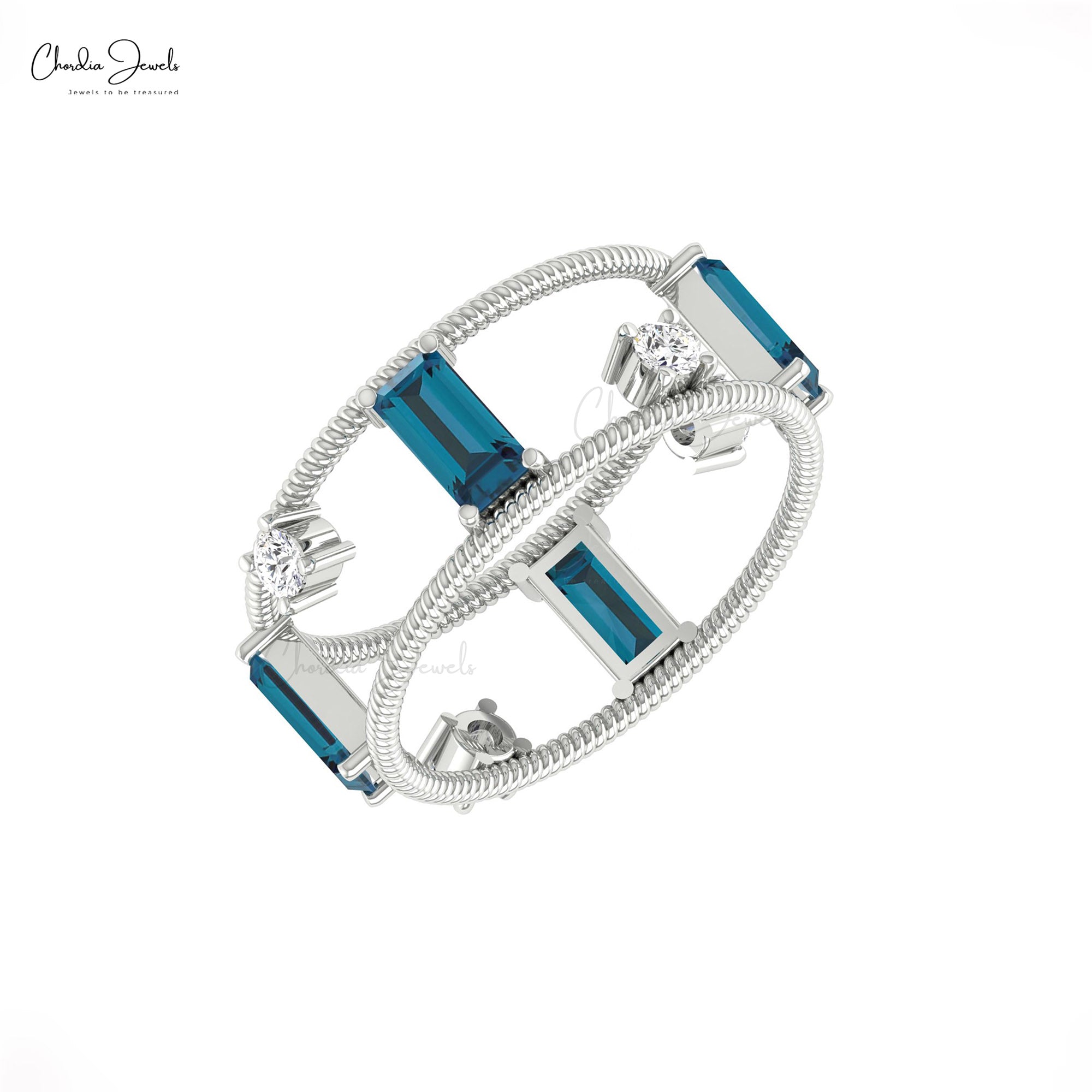 Baguette London Blue Topaz Dual Cage Twisted Ring In 14k Gold Diamond Hallmarked Jewelry
