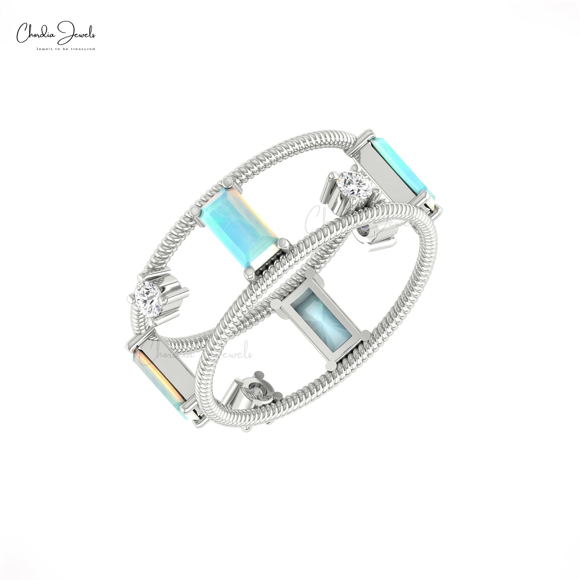 Gemstone Two Cage Ring In Real 14k Gold Opal 6x3mm Baguette Twisted Diamond Rings