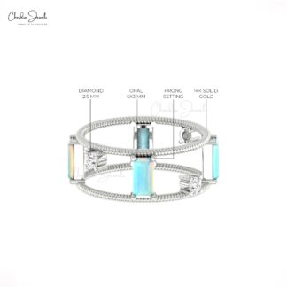 Gemstone Two Cage Ring In Real 14k Gold Opal 6x3mm Baguette Twisted Diamond Rings